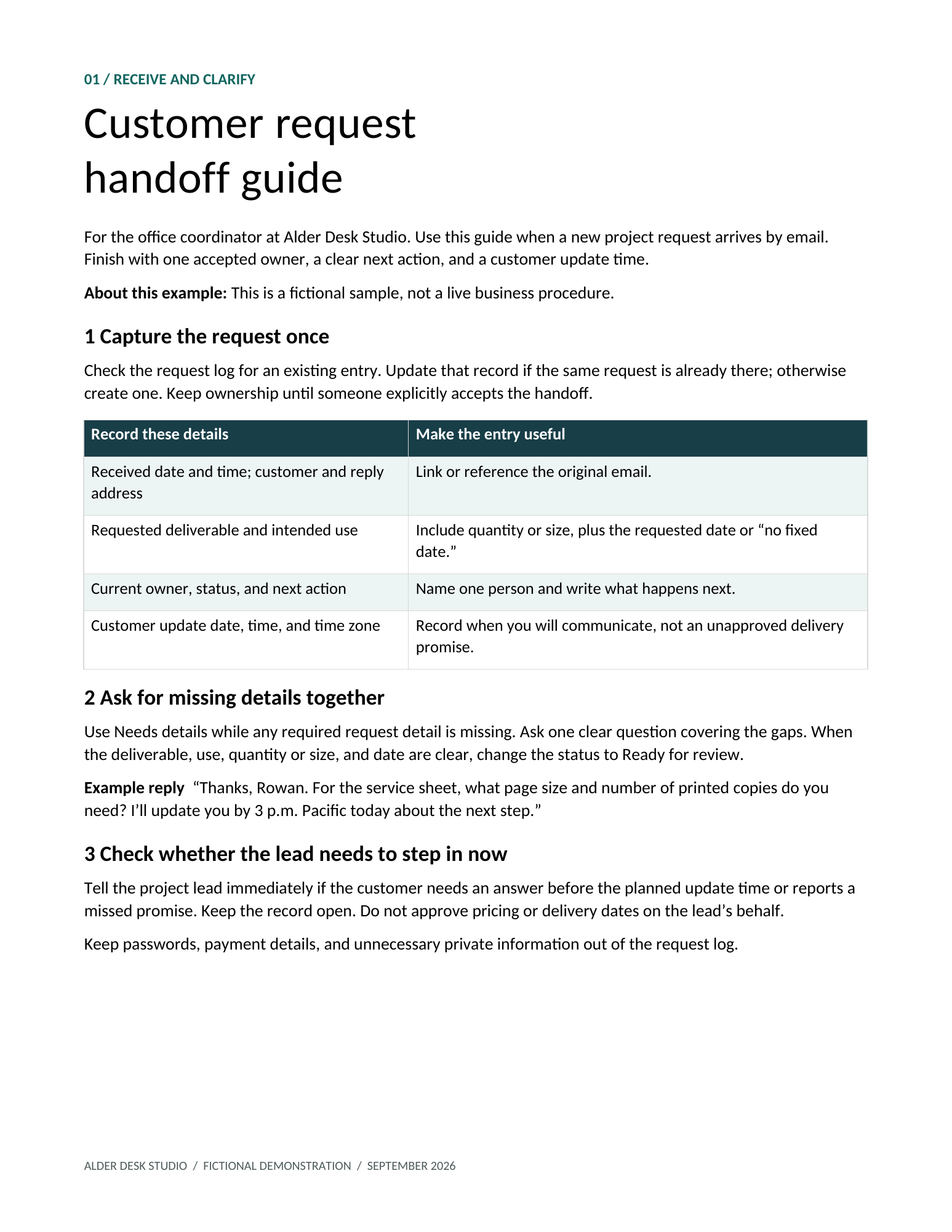 First page of the Customer request handoff guide. Full-size reading and editable download below.